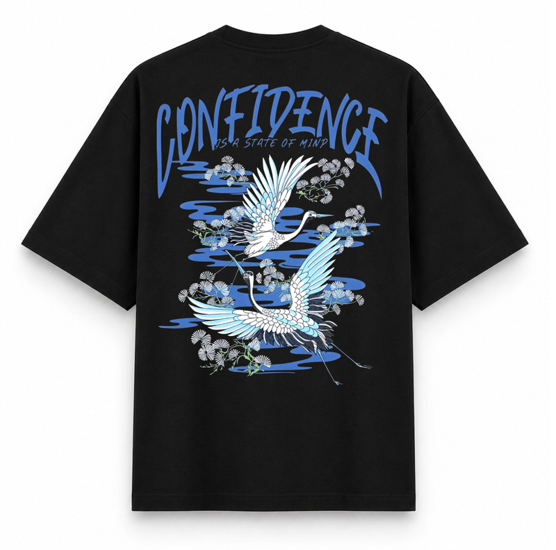 RAVYNN Oversized Black T-Shirt – "Confidence Is A State Of Mind" Japanese Crane Graphic