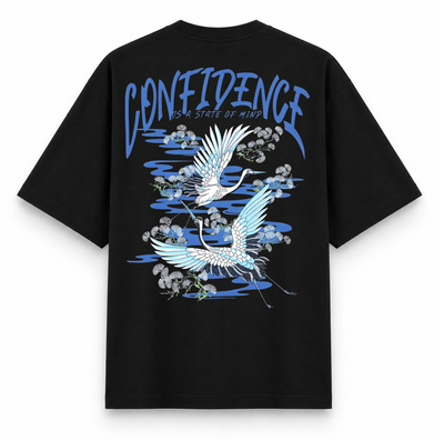 RAVYNN Oversized Black T-Shirt – "Confidence Is A State Of Mind" Japanese Crane Graphic