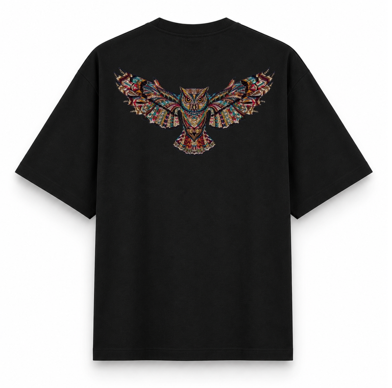 RAVYNN Oversized Black T-Shirt – Vibrant Tribal Geometric Owl Graphic