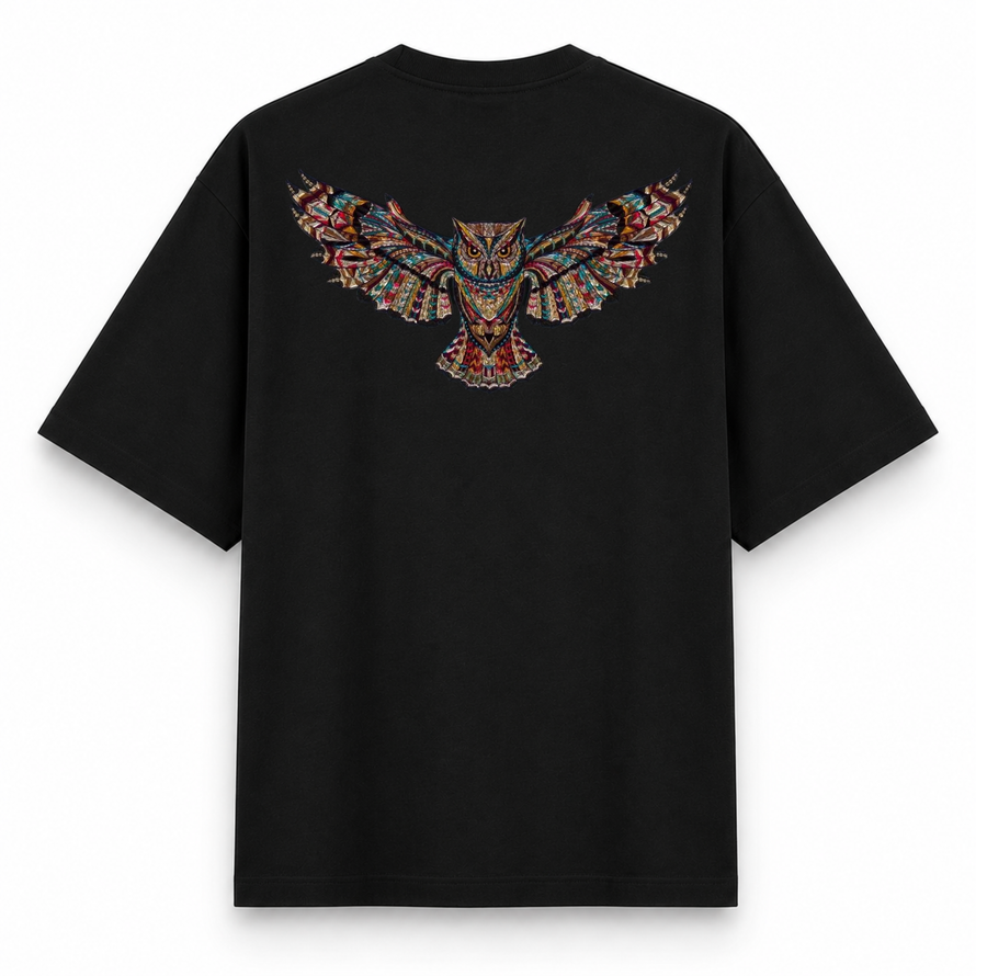 RAVYNN Oversized Black T-Shirt – Vibrant Tribal Geometric Owl Graphic