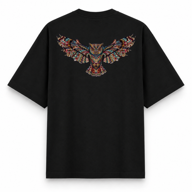 RAVYNN Oversized Black T-Shirt – Vibrant Tribal Geometric Owl Graphic