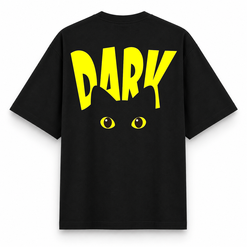 RAVYNN Oversized Black T-Shirt – Yellow "DARK" Black Cat Graphic