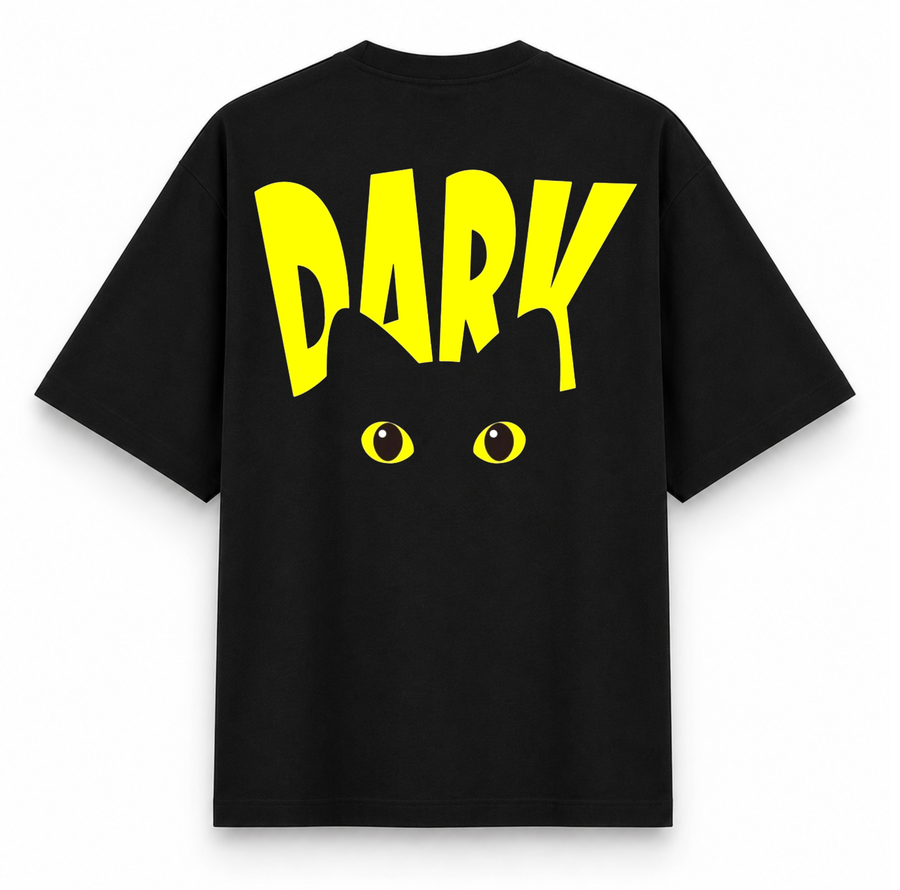 RAVYNN Oversized Black T-Shirt – Yellow "DARK" Black Cat Graphic