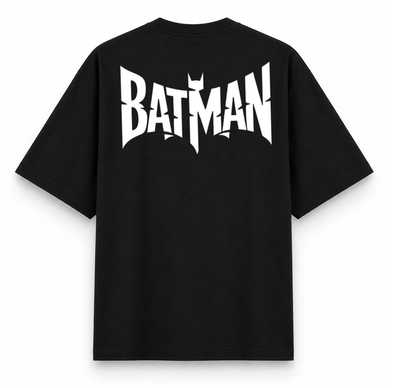 RAVYNN Oversized Black T-Shirt – White Batman Emblem & Back Typography Graphic
