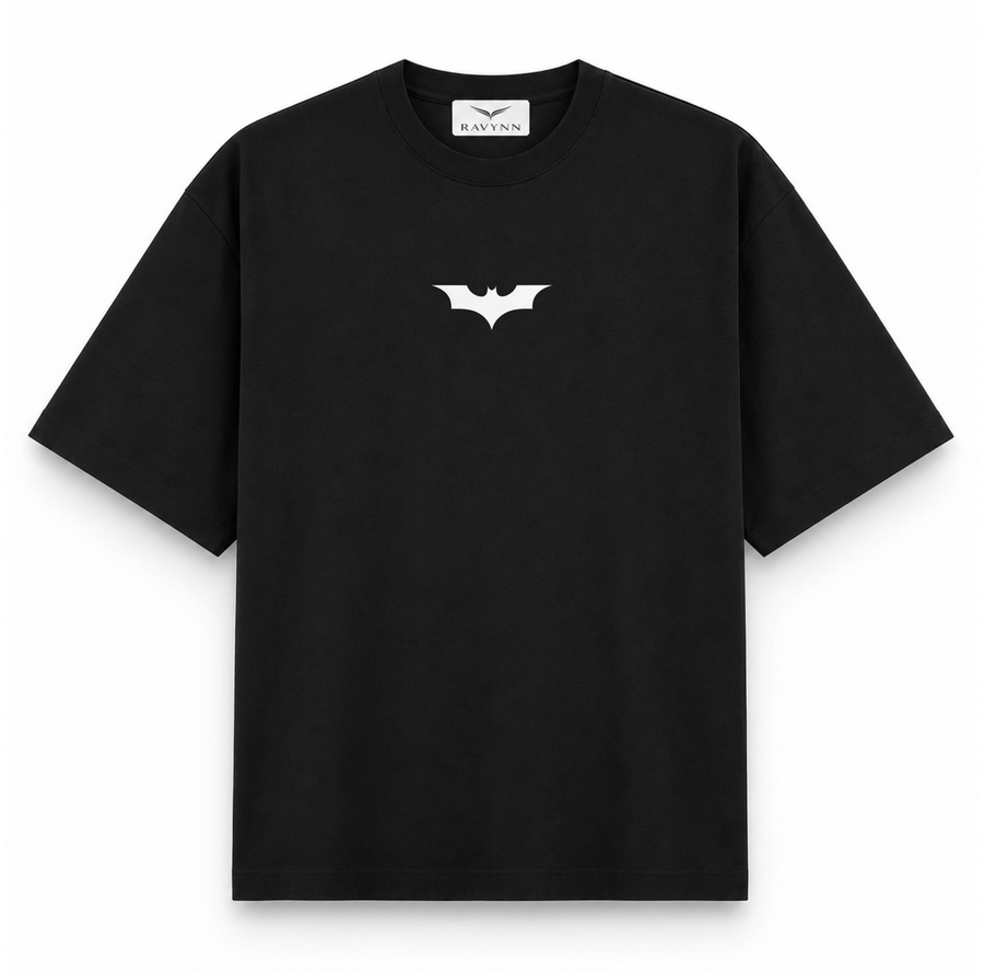 RAVYNN Oversized Black T-Shirt – White Batman Emblem & Back Typography Graphic