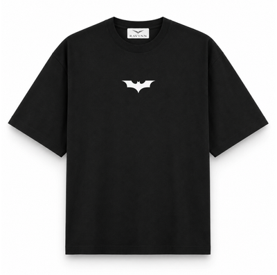 RAVYNN Oversized Black T-Shirt – White Batman Emblem & Back Typography Graphic