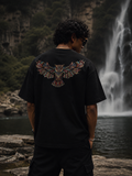 RAVYNN Oversized Black T-Shirt – Vibrant Tribal Geometric Owl Graphic