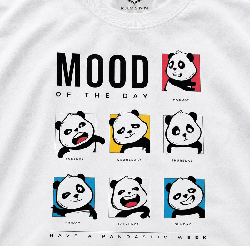RAVYNN Oversized White T-Shirt – "Mood of the Day" Panda Grid Graphic