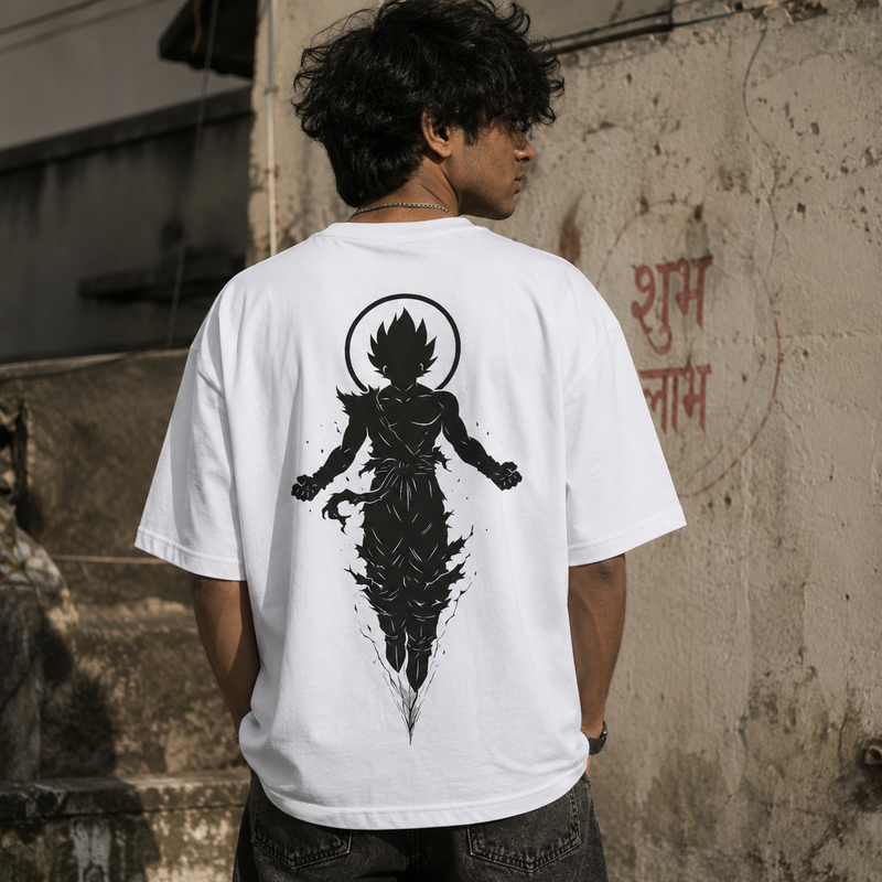 RAVYNN Oversized White T-Shirt – Ultra Instinct Goku Halo Silhouette Anime Back Graphic
