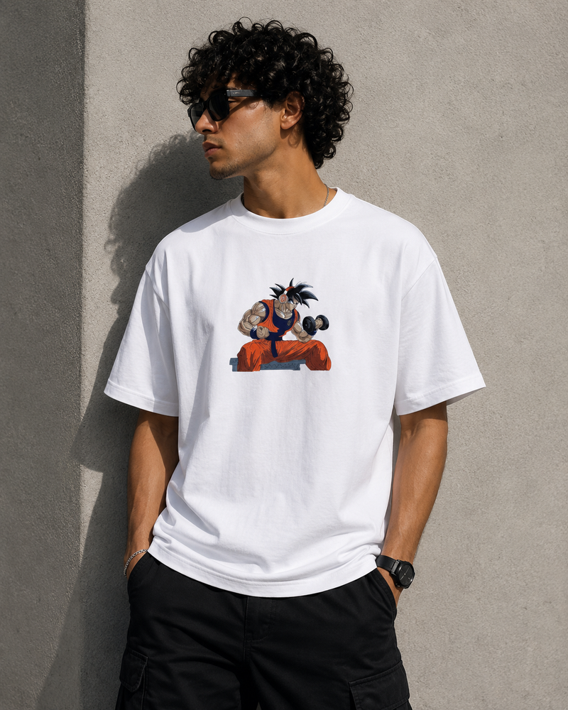 RAVYNN Oversized White T-Shirt – Goku Dumbbell Curl Gym Anime Graphic