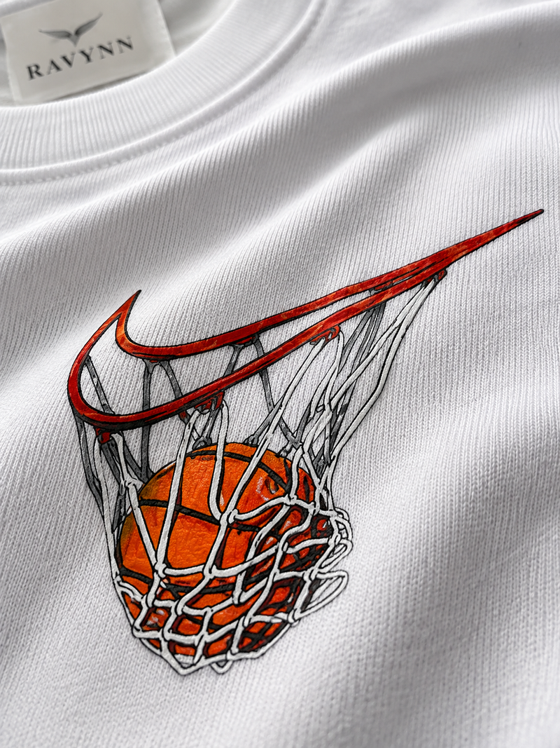 RAVYNN Oversized White T-Shirt – Basketball Hoop Swoosh Graphic