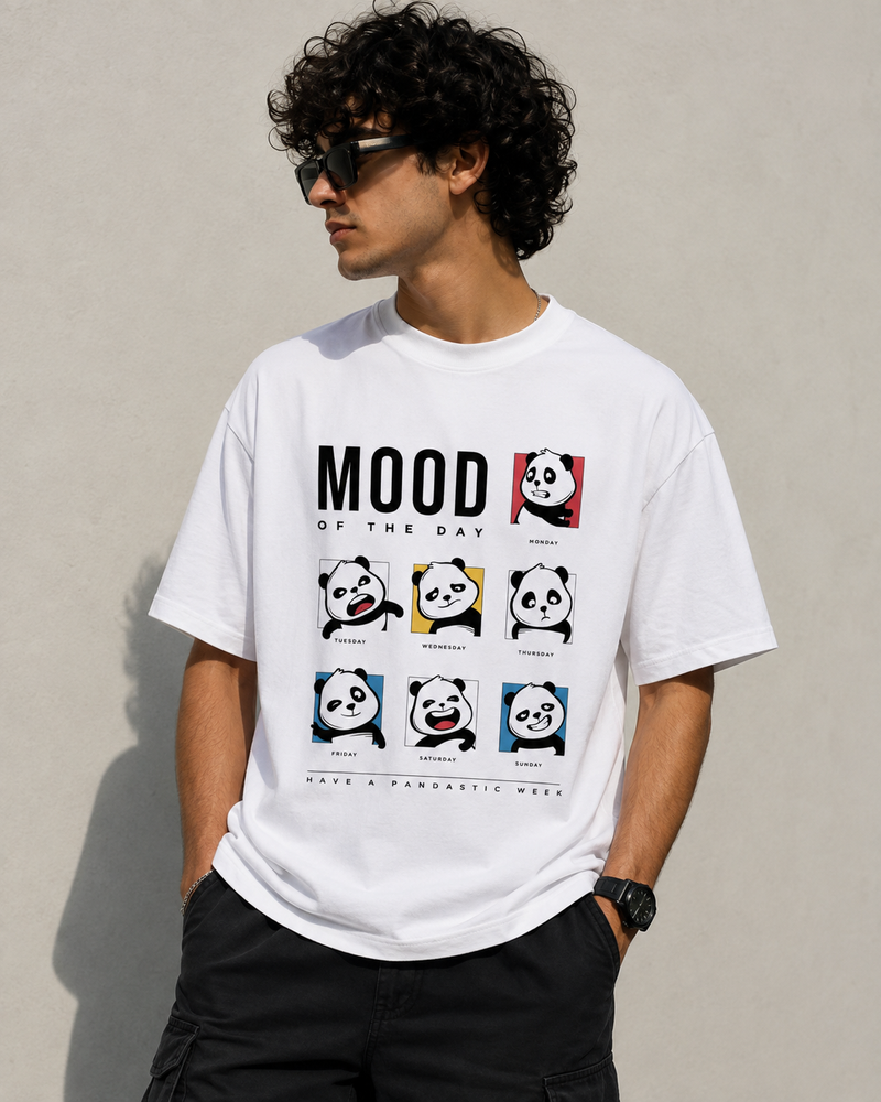 RAVYNN Oversized White T-Shirt – "Mood of the Day" Panda Grid Graphic