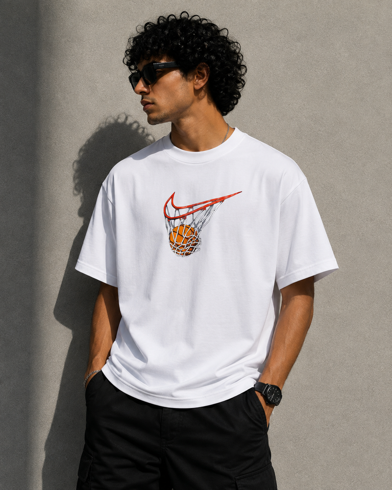 RAVYNN Oversized White T-Shirt – Basketball Hoop Swoosh Graphic