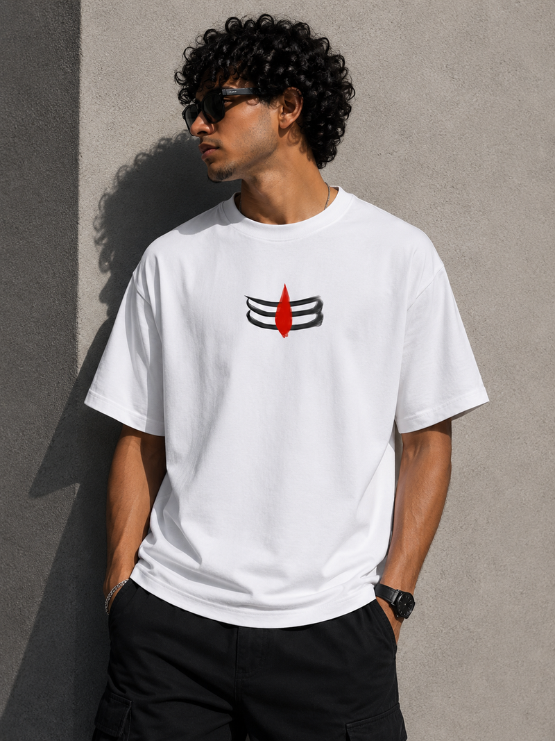 RAVYNN Oversized White T-Shirt – Lord Shiva Tripundra & Trishul Silhouette Graphic