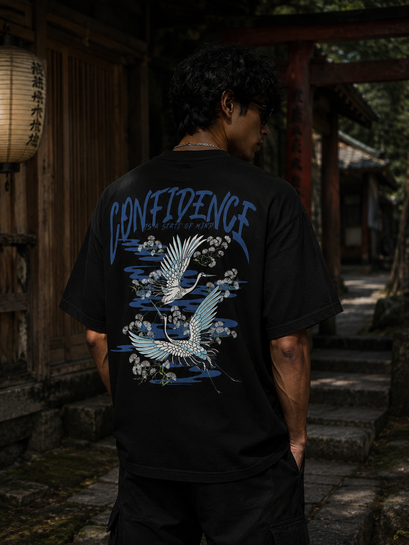 RAVYNN Oversized Black T-Shirt – "Confidence Is A State Of Mind" Japanese Crane Graphic