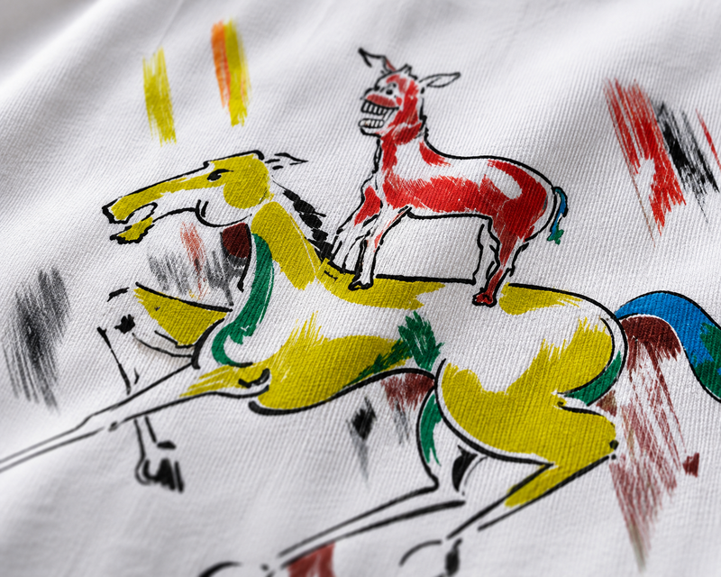 RAVYNN Oversized White T-Shirt – Abstract Horse & Goat Painting Graphic