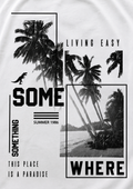 RAVYNN Oversized White T-Shirt – "Somewhere Paradise" Tropical Collage Graphic