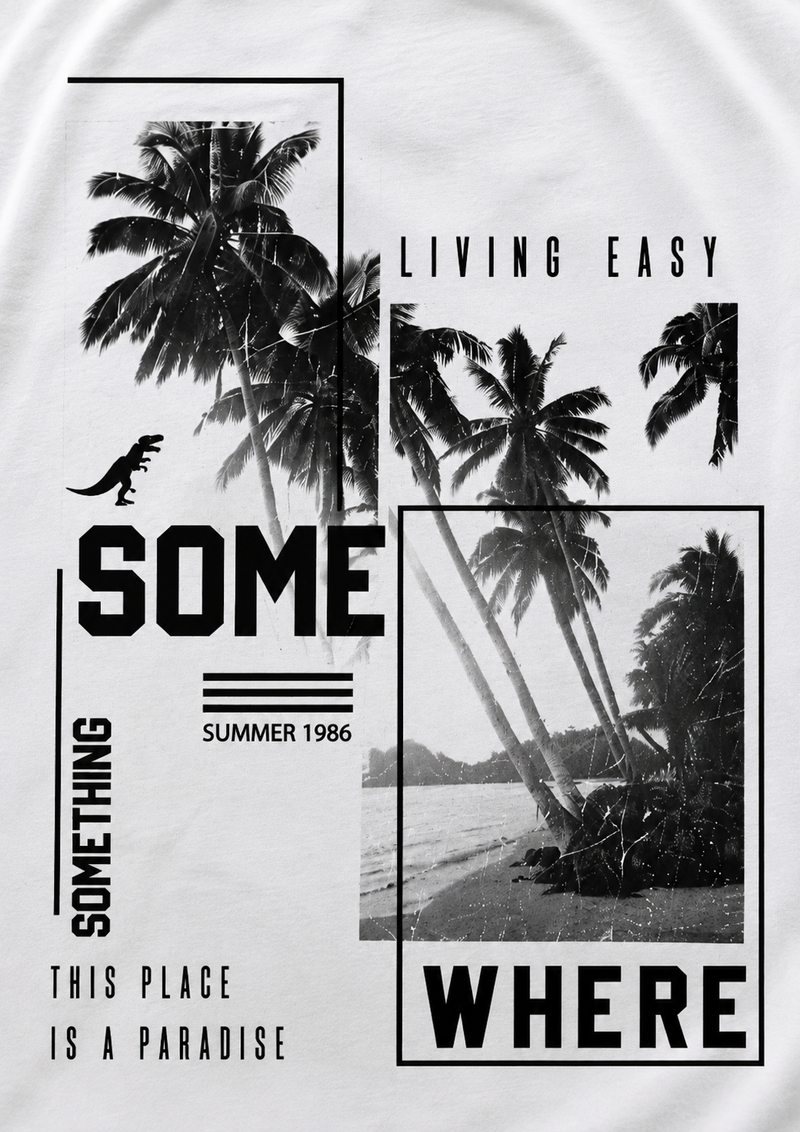 RAVYNN Oversized White T-Shirt – "Somewhere Paradise" Tropical Collage Graphic