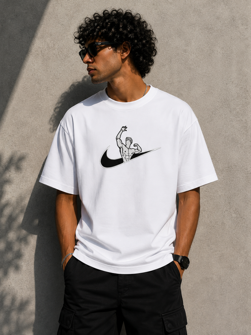 RAVYNN Oversized White T-Shirt – Bodybuilder Zyzz Pose Swoosh Graphic