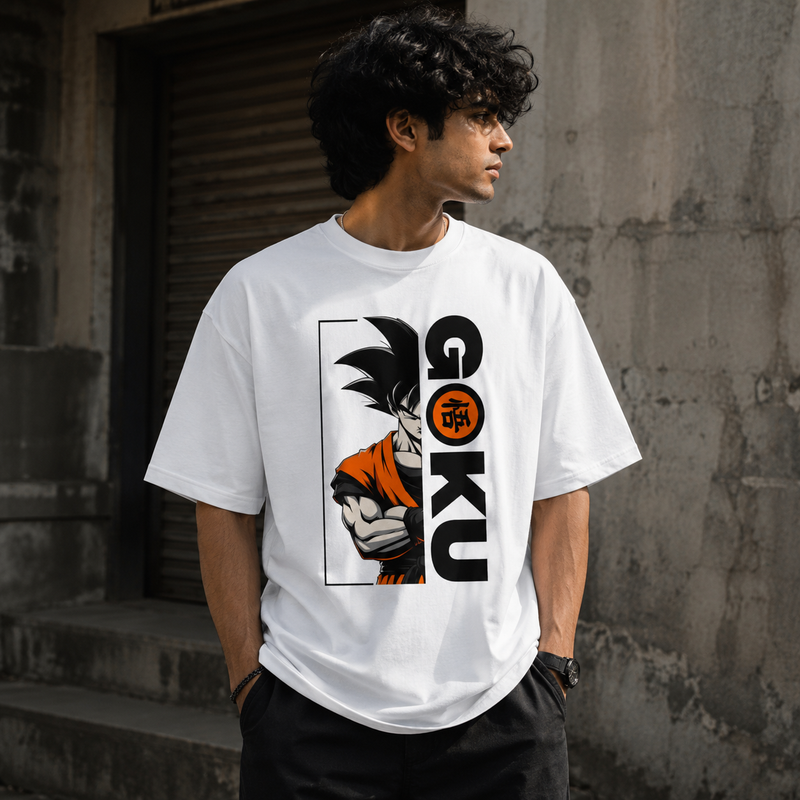 RAVYNN Oversized White T-Shirt – Son Goku Half Portrait & Kanji Anime Graphic