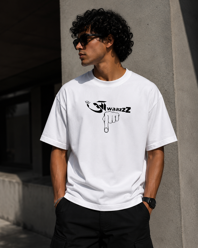 RAVYNN Oversized White T-Shirt – "Awaazz" Pointing Hand Hindi-English Graphic