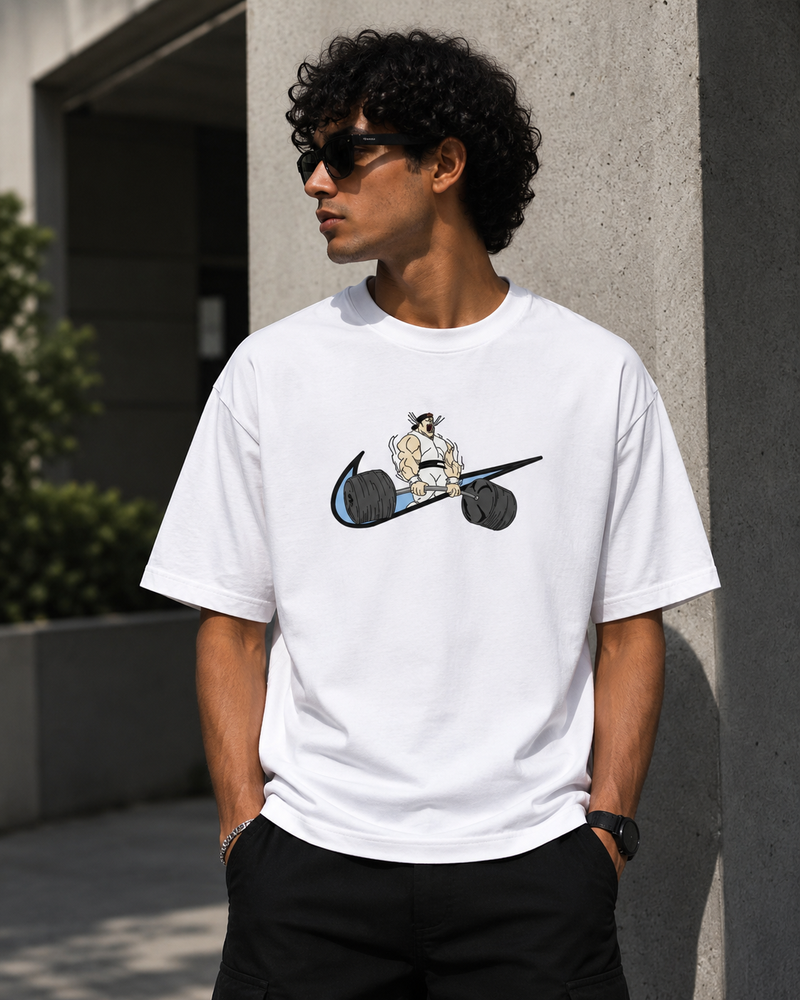 RAVYNN Oversized White T-Shirt – Anime Powerlifter Swoosh Graphic