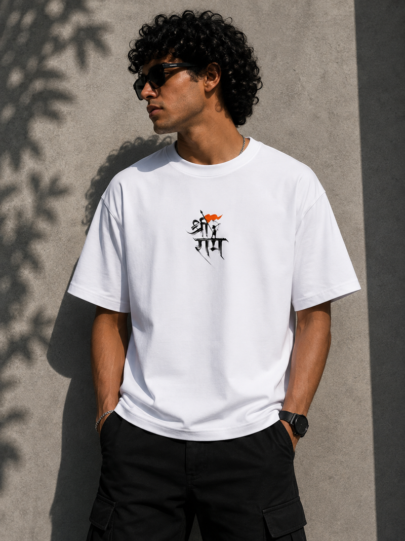 RAVYNN Oversized White T-Shirt – Calligraphic "Shree Ram" Bow & Flag Graphic