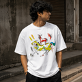 RAVYNN Oversized White T-Shirt – Abstract Horse & Goat Painting Graphic