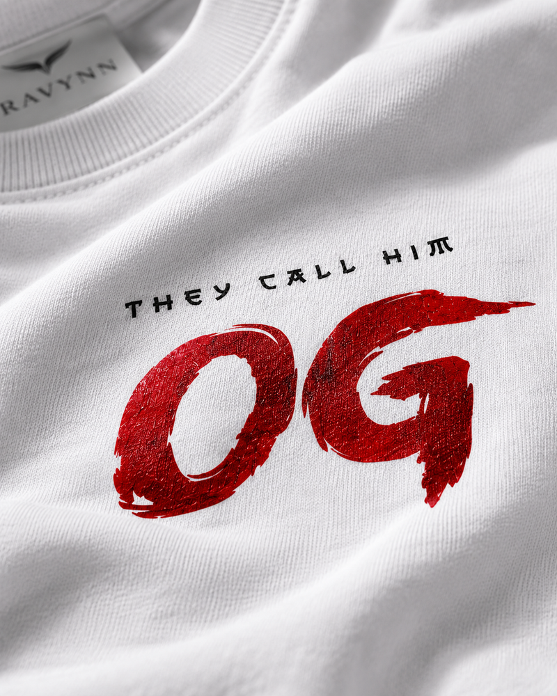 RAVYNN Oversized White T-Shirt – "They Call Him OG" Red Brush Typography Graphic