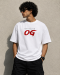 RAVYNN Oversized White T-Shirt – "They Call Him OG" Red Brush Typography Graphic