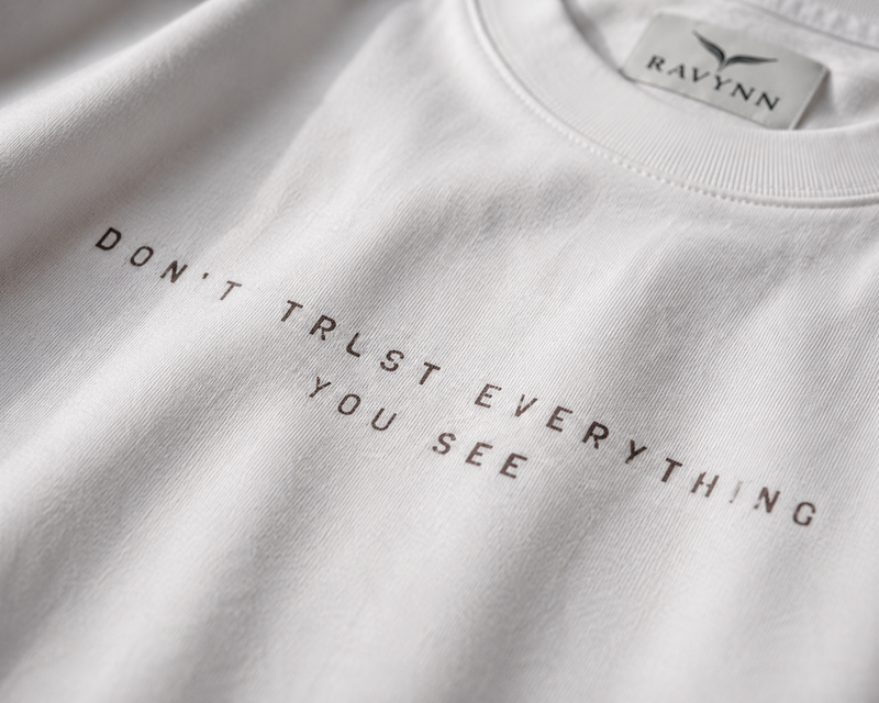 RAVYNN Oversized White T-Shirt – "Realistic / Don't Trust Everything You See" Sculpture Back Graphic