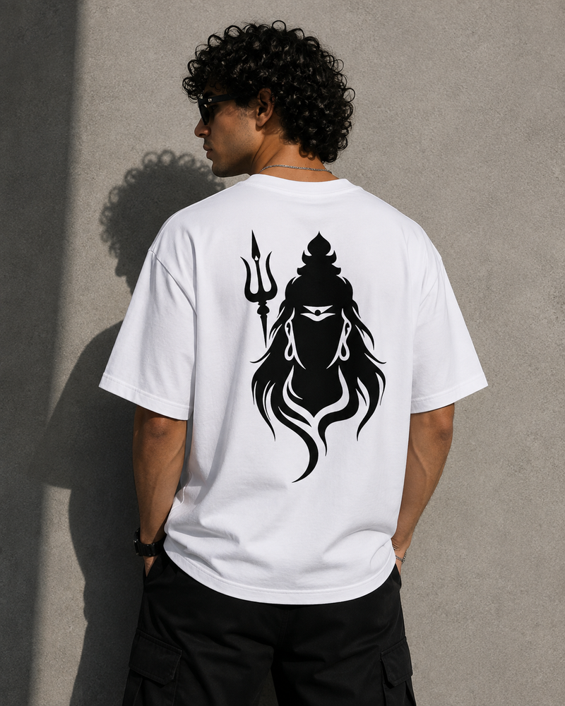 RAVYNN Oversized White T-Shirt – Lord Shiva Tripundra & Trishul Silhouette Graphic