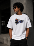 RAVYNN Oversized White T-Shirt – Divine Lord Krishna Eyes & Peacock Feather Graphic