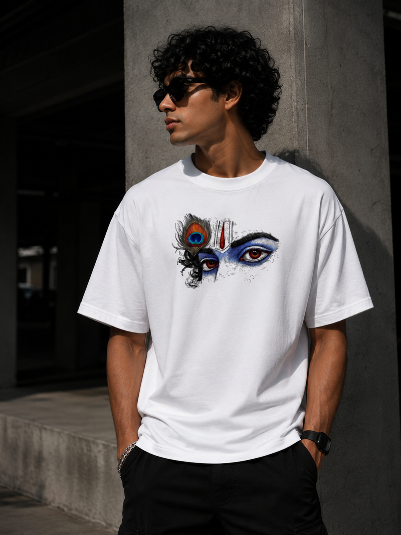 RAVYNN Oversized White T-Shirt – Divine Lord Krishna Eyes & Peacock Feather Graphic
